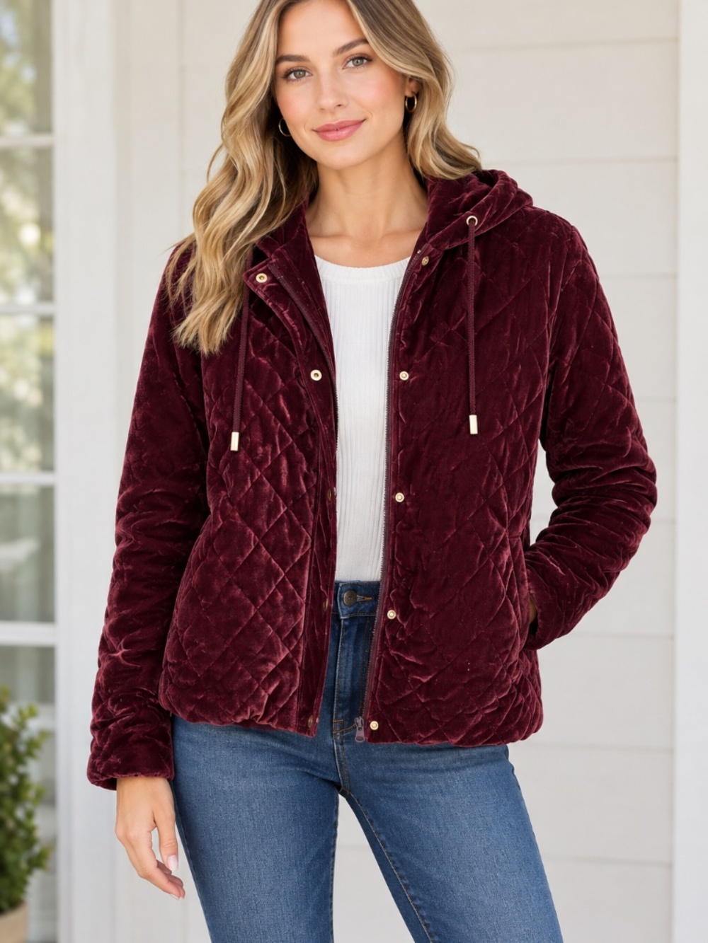 Burgundy Forever Audrey velveteen jacket, size medium.